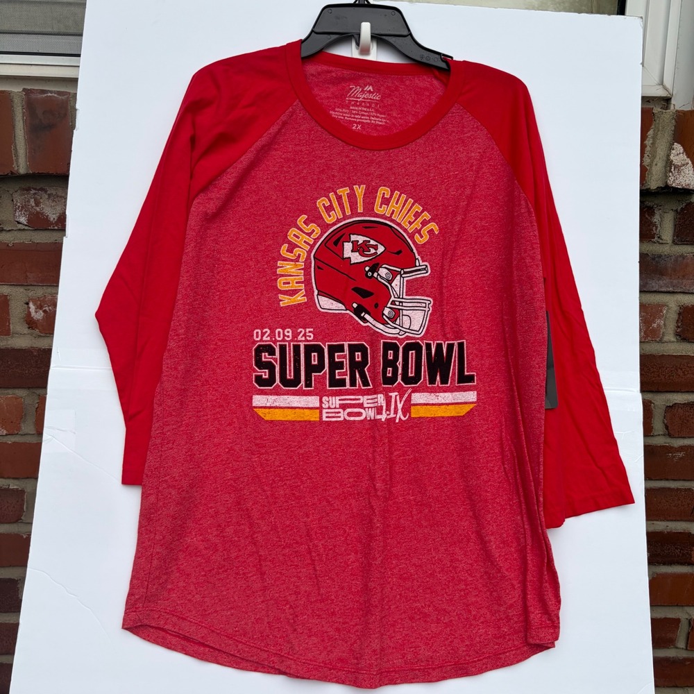 Majestic Kansas City Chiefs Super Bowl LIX Raglan T-Shirt Red Women's 2XL New